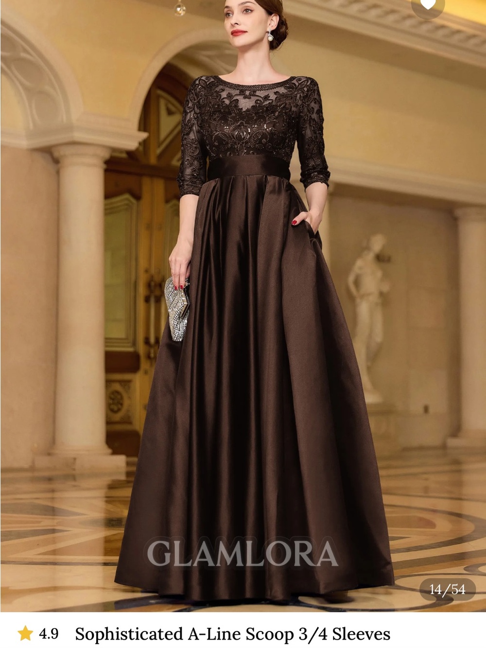 Women's Chocolate Brown A-Line Evening Gown with Lace Bodice